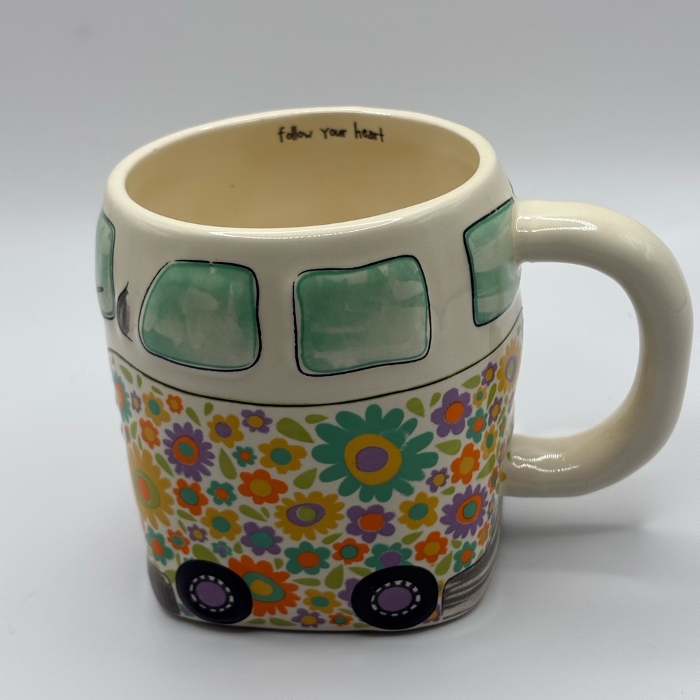 Folk Art Van shape ceramic coffee Mug Natural Van Life floral “Be Happy" peace